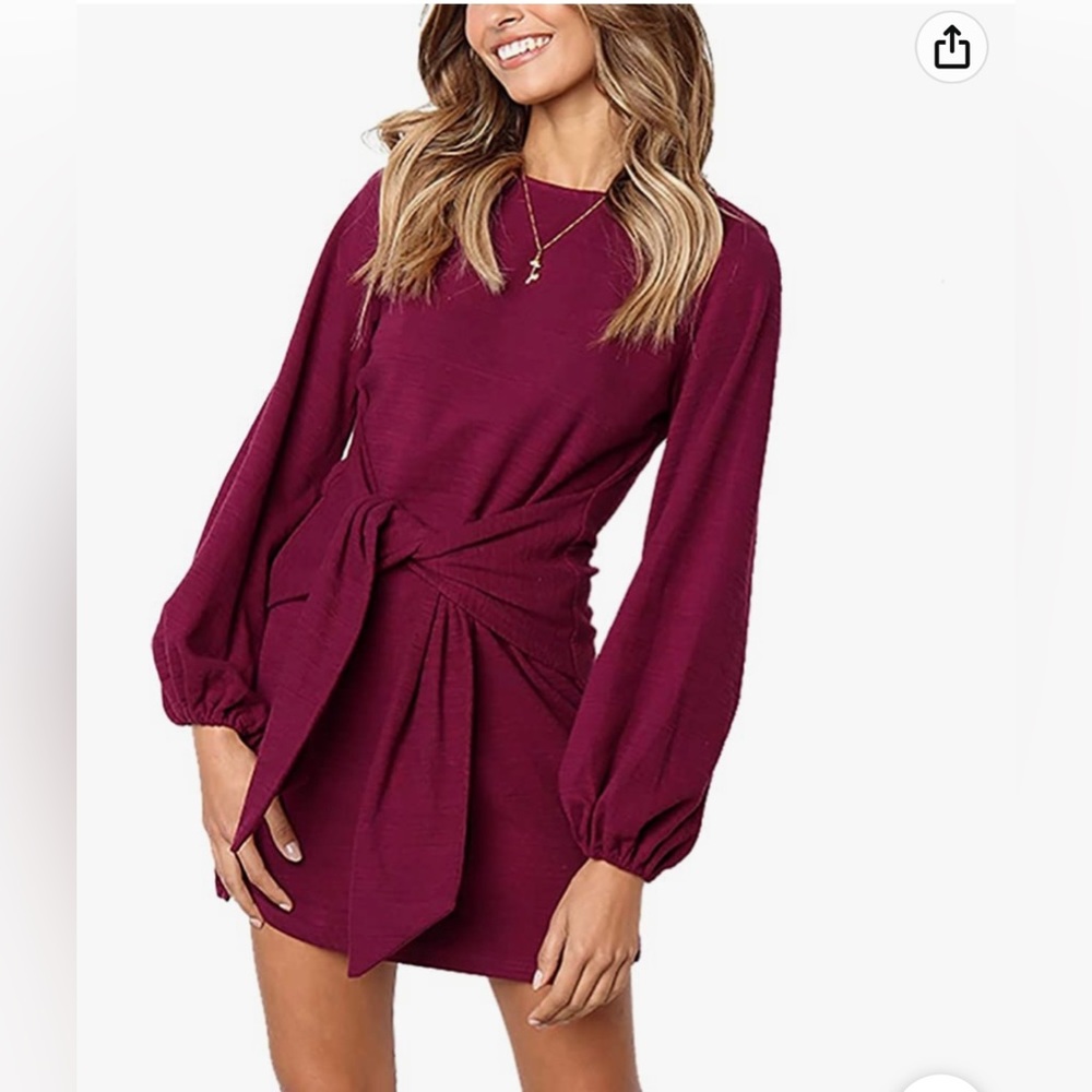 lantern sleeve short dress, crew neck, tie waist, wine red. Size: small